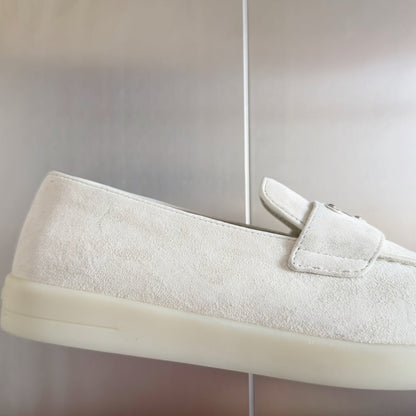 PRADA Pra White Suede Leather Loafers 25mm Rubber Sole