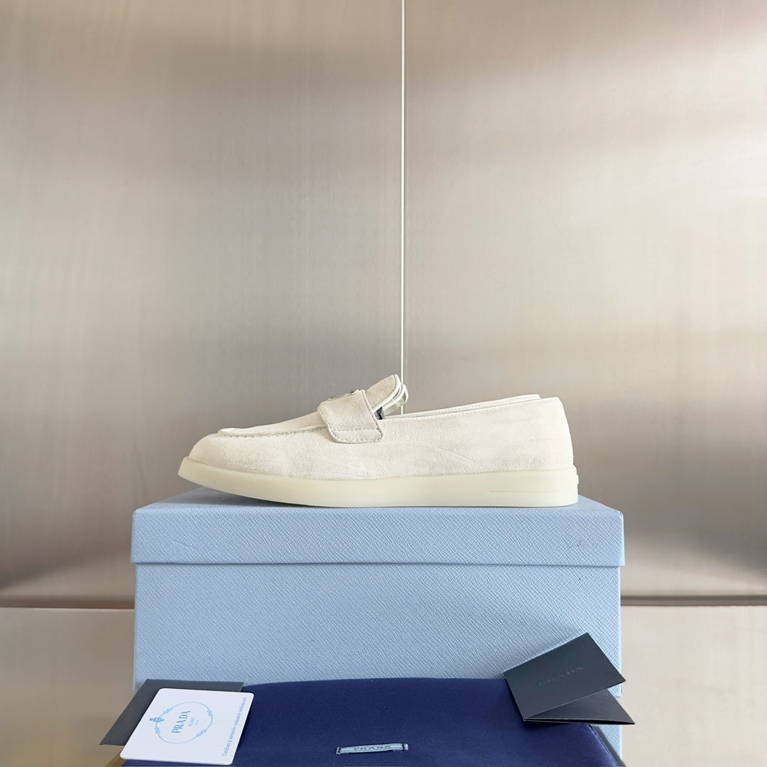 PRADA Pra White Suede Leather Loafers 25mm Rubber Sole