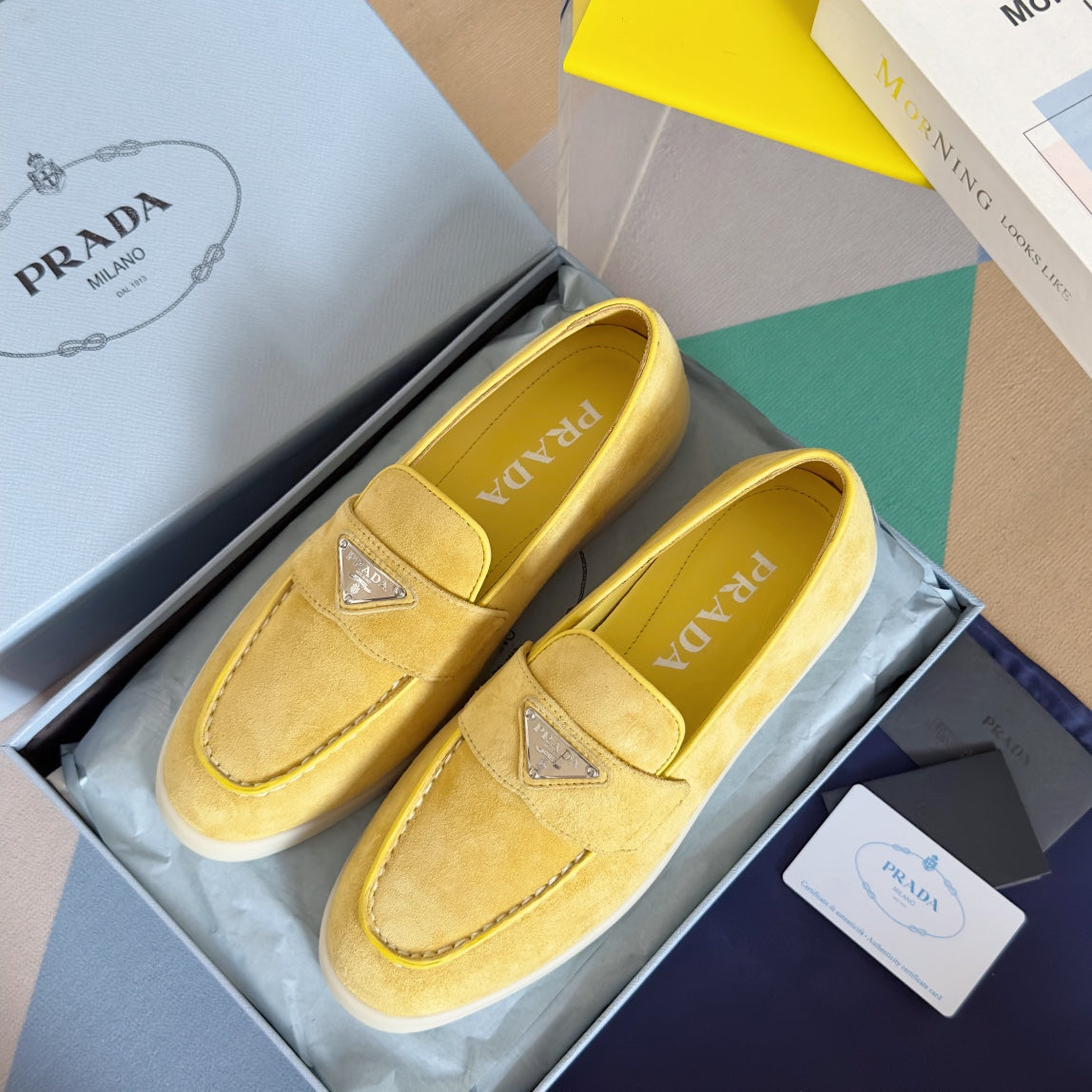PRADA Pra Yellow Suede Leather Loafers 25mm Rubber Sole