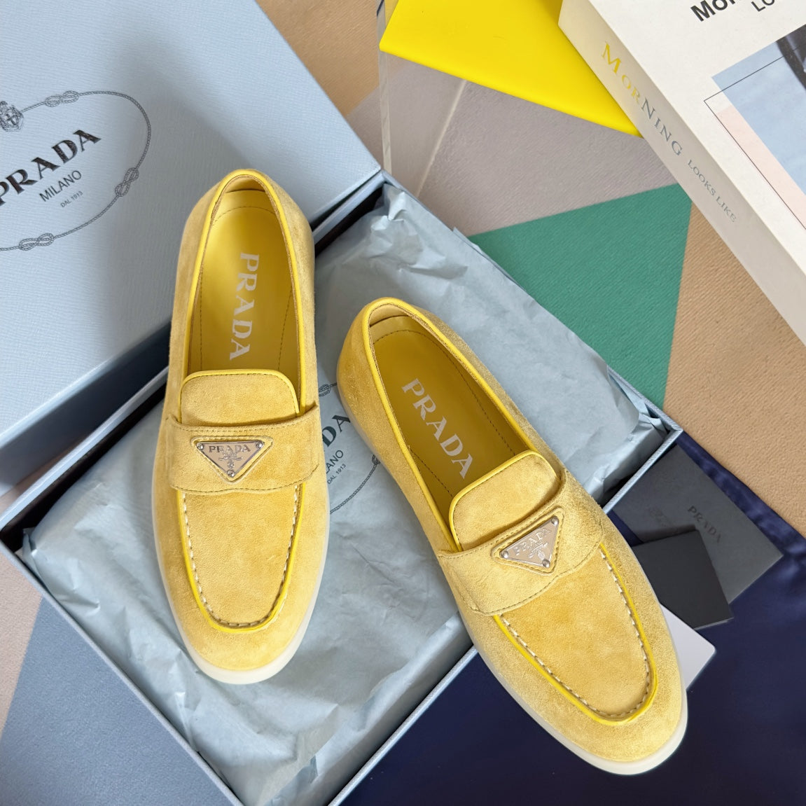 PRADA Pra Yellow Suede Leather Loafers 25mm Rubber Sole