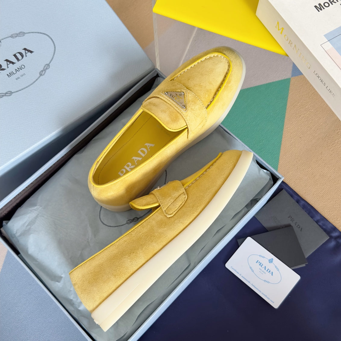 PRADA Pra Yellow Suede Leather Loafers 25mm Rubber Sole