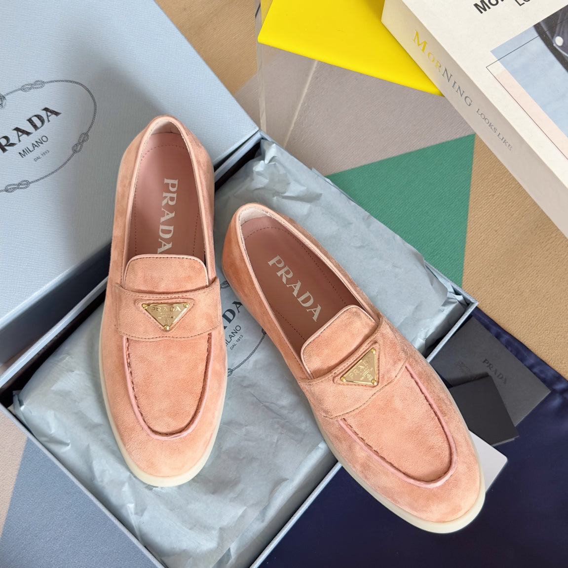 PRADA Pra Pink Suede Leather Loafers 25mm Rubber Sole