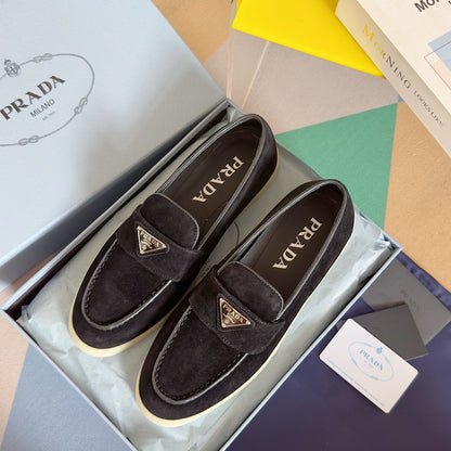 PRADA Pra Black Suede Leather Loafers 25mm Rubber Sole