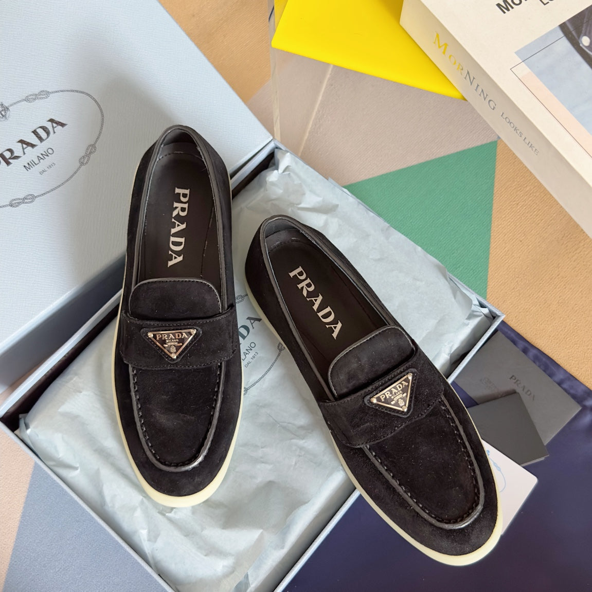 PRADA Pra Black Suede Leather Loafers 25mm Rubber Sole