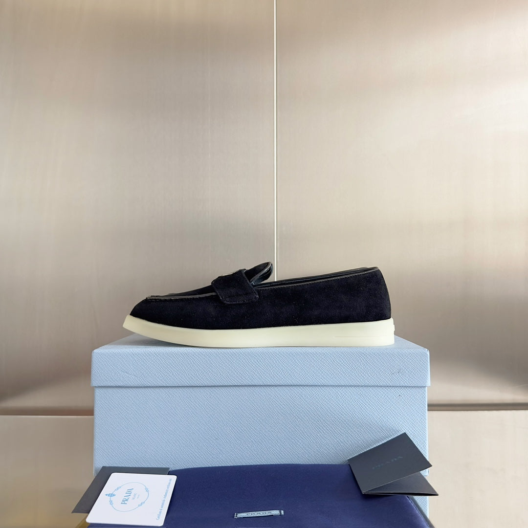 PRADA Pra Black Suede Leather Loafers 25mm Rubber Sole