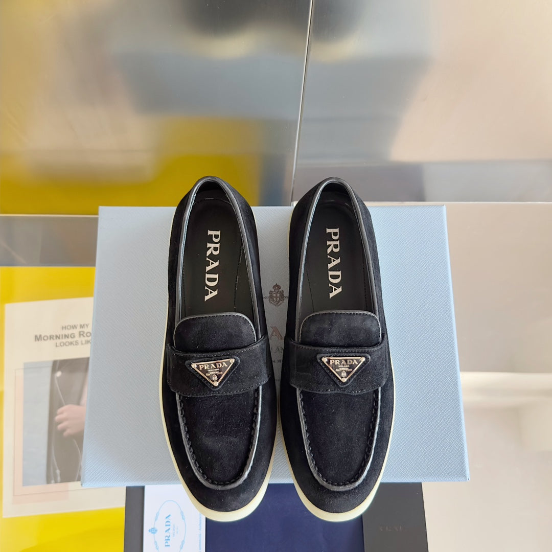 PRADA Pra Black Suede Leather Loafers 25mm Rubber Sole