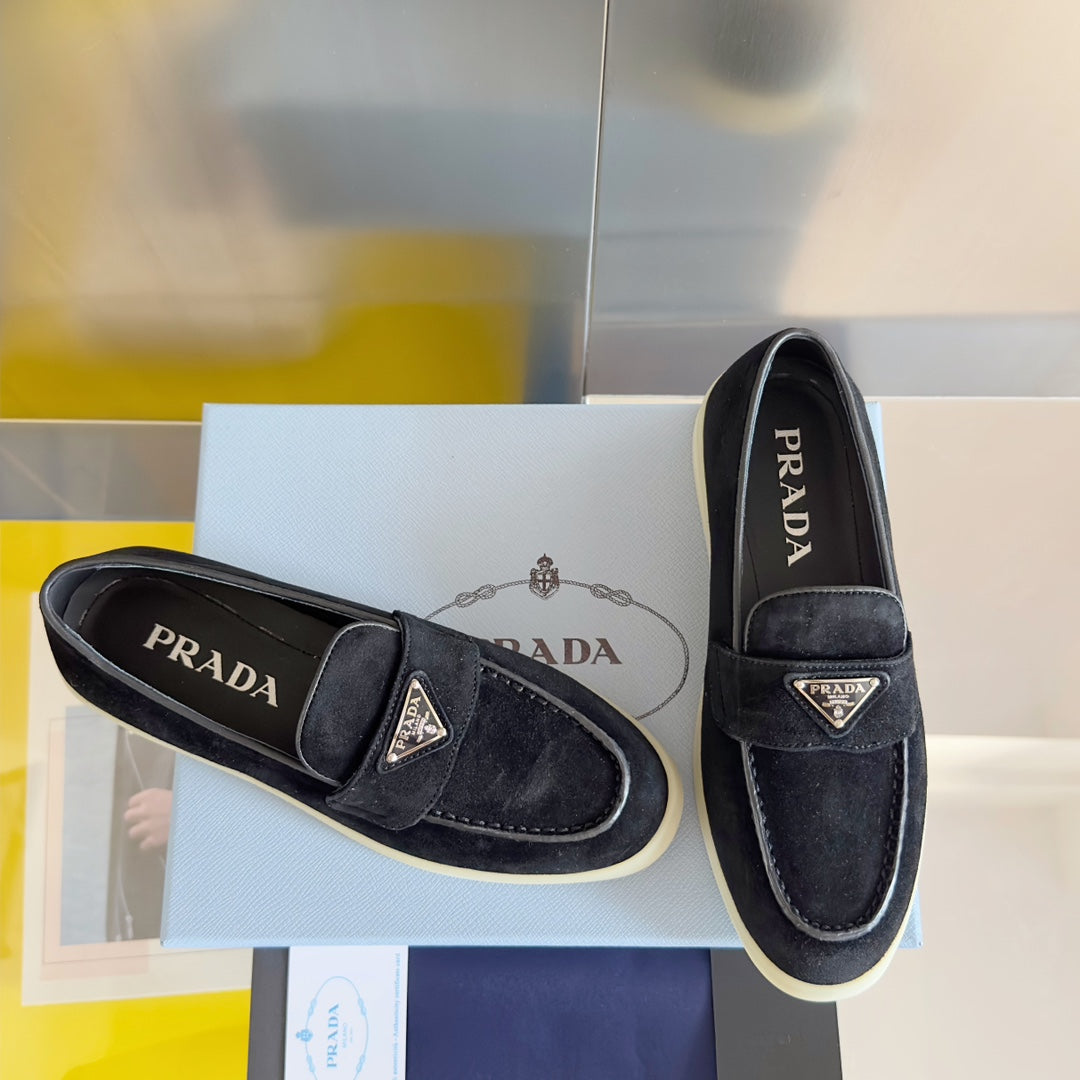 PRADA Pra Black Suede Leather Loafers 25mm Rubber Sole