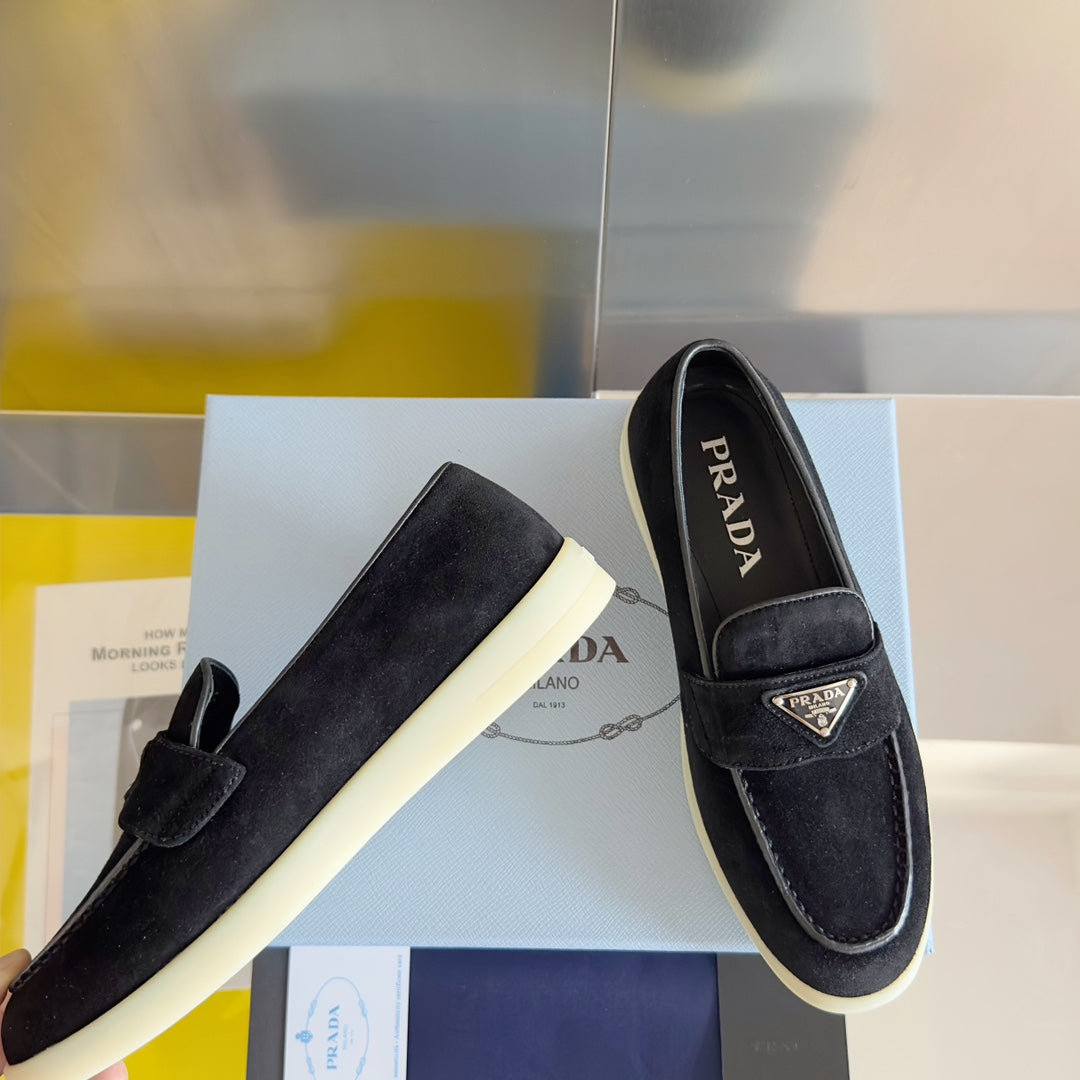 PRADA Pra Black Suede Leather Loafers 25mm Rubber Sole