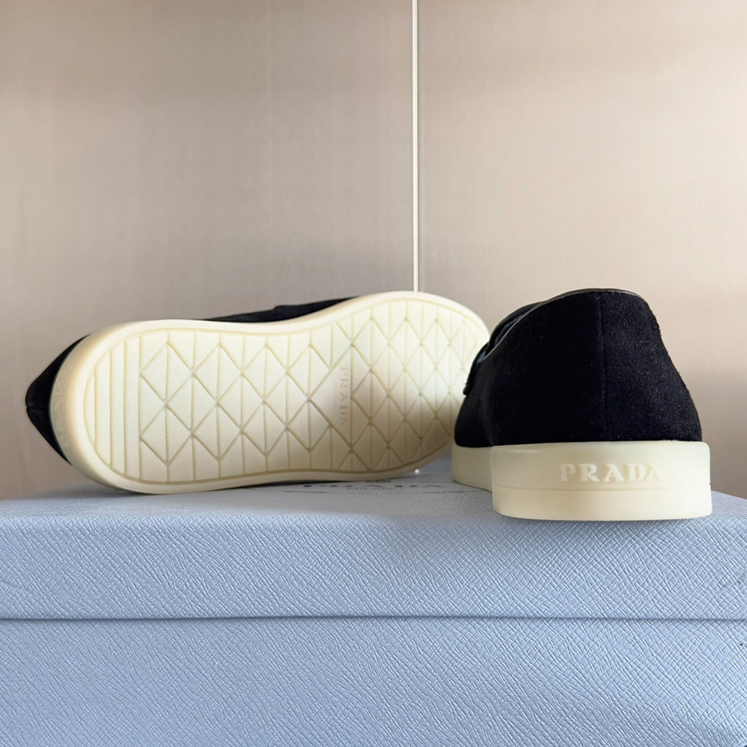 PRADA Pra Black Suede Leather Loafers 25mm Rubber Sole