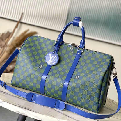 LOUIS VUITTON KEEPALL BANDOULIÈRE 45 IN BLUE GREEN DAMIER HERITAGE COATED CANVAS