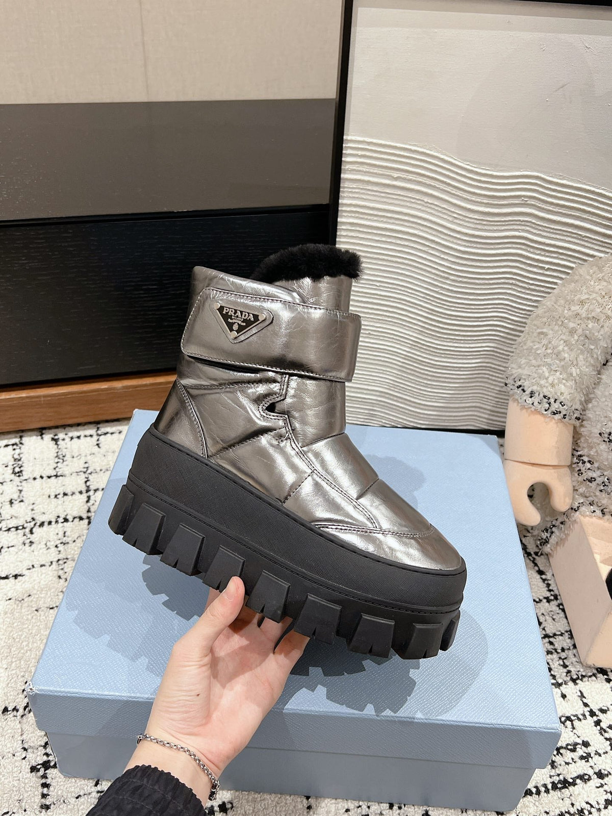 PRADA MONOLITH ANKLE BOOTS WITH STRAP IN METALLIC GRAY CALFSKIN AND FLEECE LINING