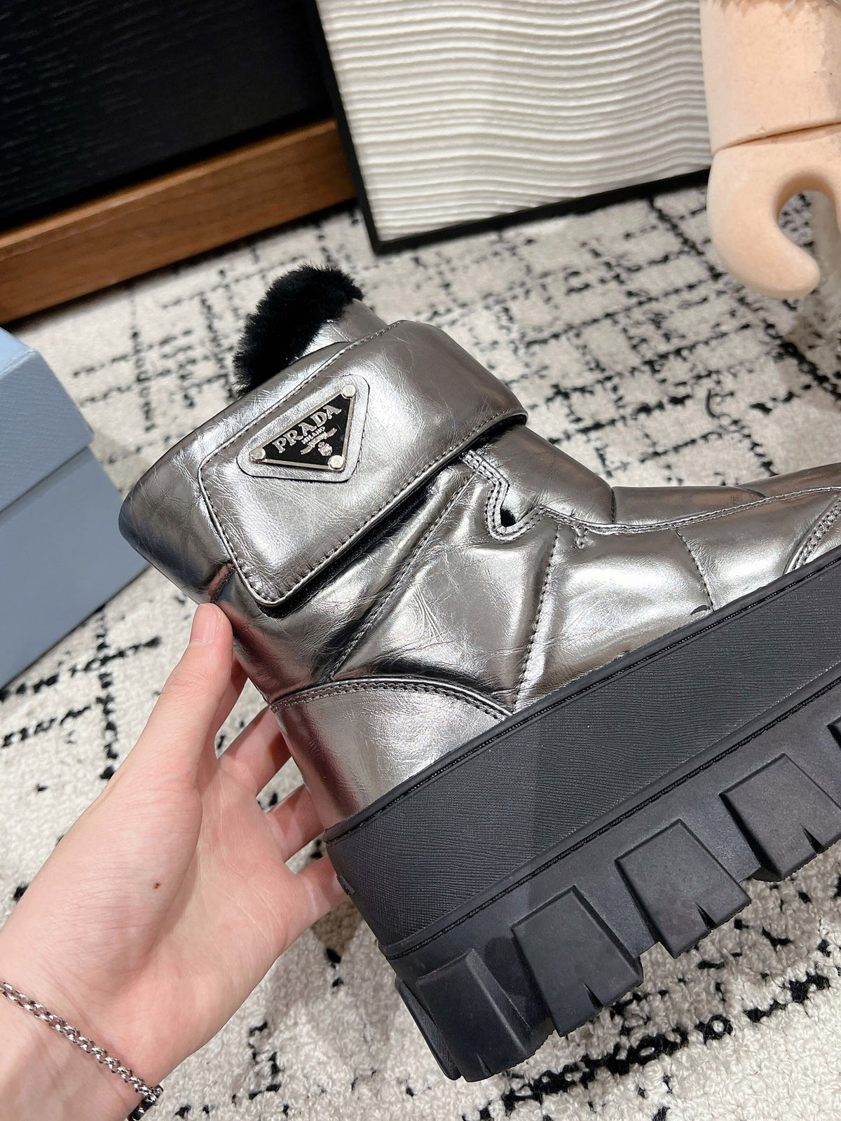 PRADA MONOLITH ANKLE BOOTS WITH STRAP IN METALLIC GRAY CALFSKIN AND FLEECE LINING