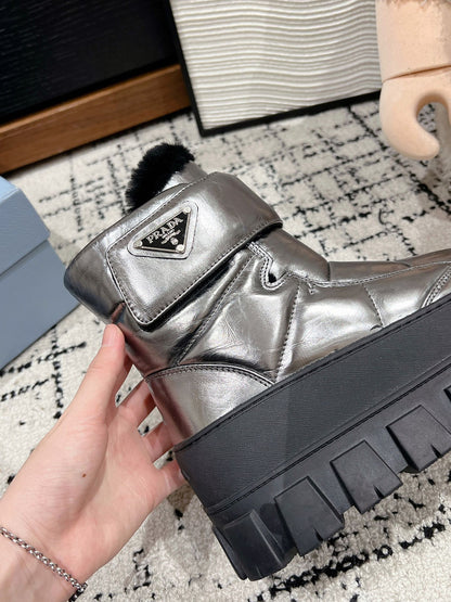 PRADA MONOLITH ANKLE BOOTS WITH STRAP IN METALLIC GRAY CALFSKIN AND FLEECE LINING