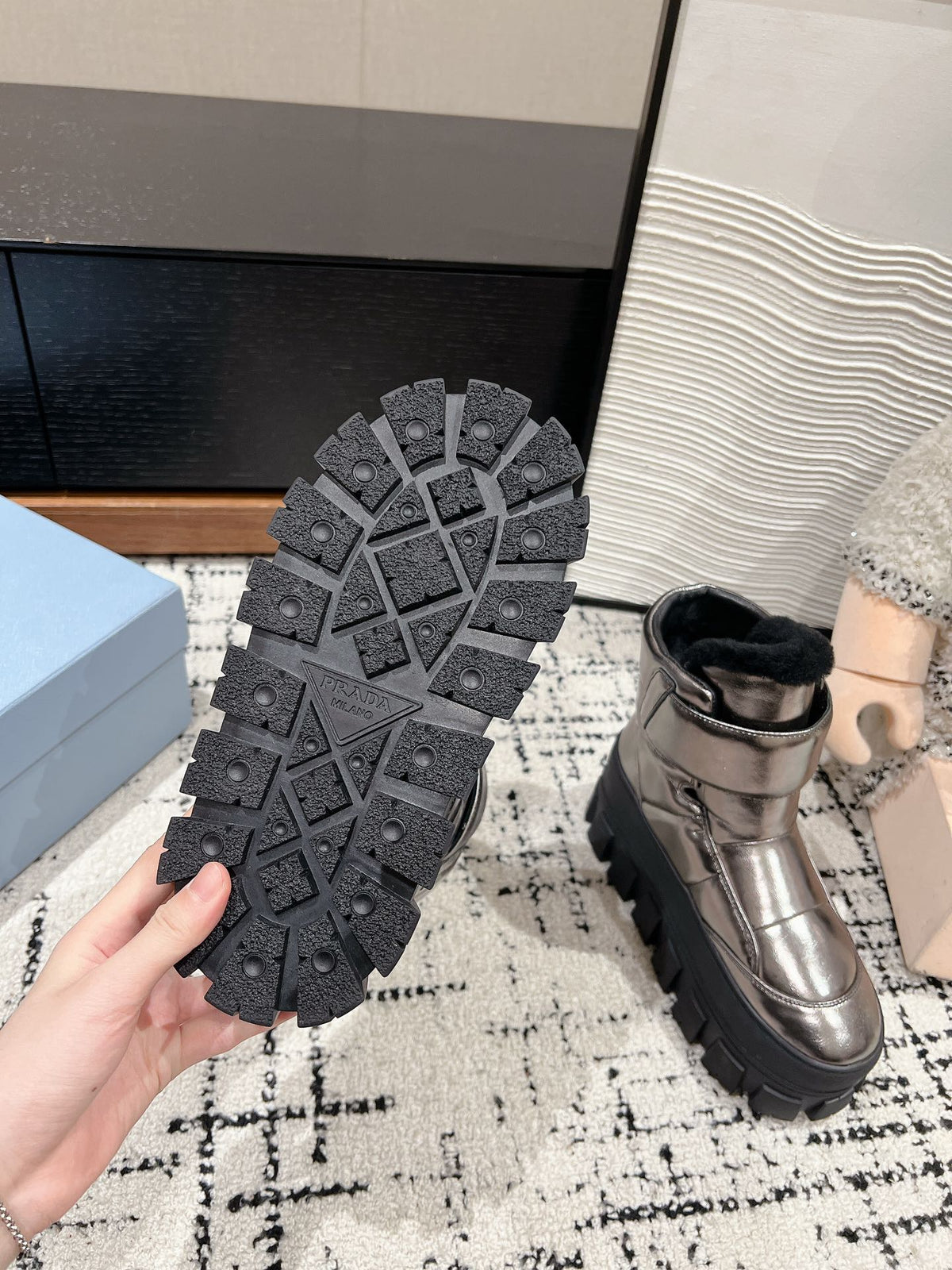 PRADA MONOLITH ANKLE BOOTS WITH STRAP IN METALLIC GRAY CALFSKIN AND FLEECE LINING
