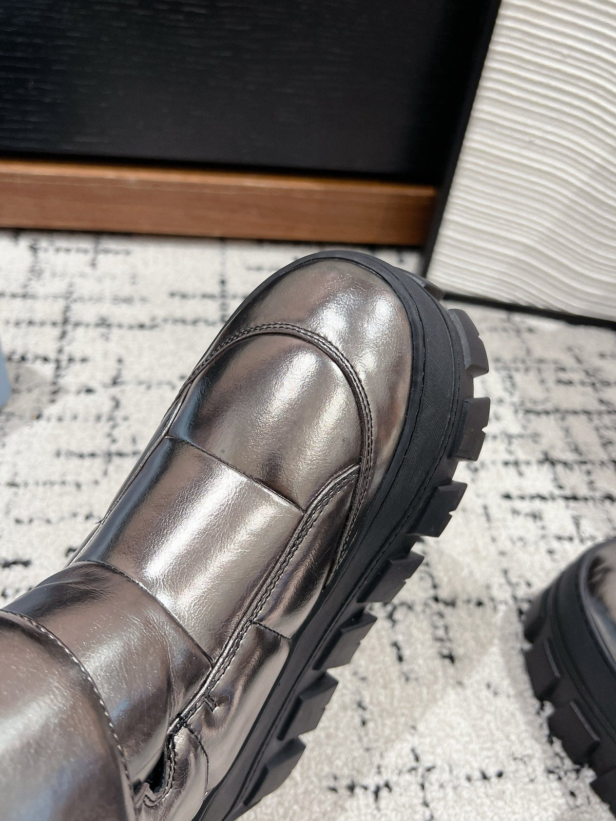 PRADA MONOLITH ANKLE BOOTS WITH STRAP IN METALLIC GRAY CALFSKIN AND FLEECE LINING