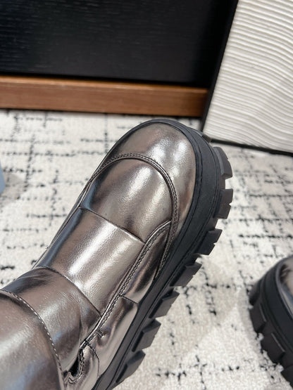 PRADA MONOLITH ANKLE BOOTS WITH STRAP IN METALLIC GRAY CALFSKIN AND FLEECE LINING