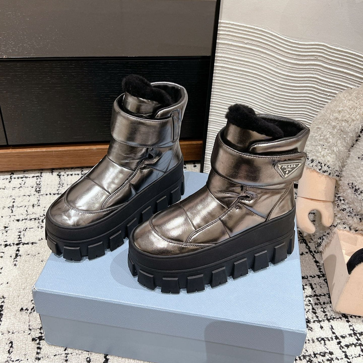 PRADA MONOLITH ANKLE BOOTS WITH STRAP IN METALLIC GRAY CALFSKIN AND FLEECE LINING