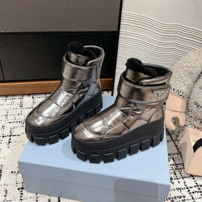 PRADA MONOLITH ANKLE BOOTS WITH STRAP IN METALLIC GRAY CALFSKIN AND FLEECE LINING