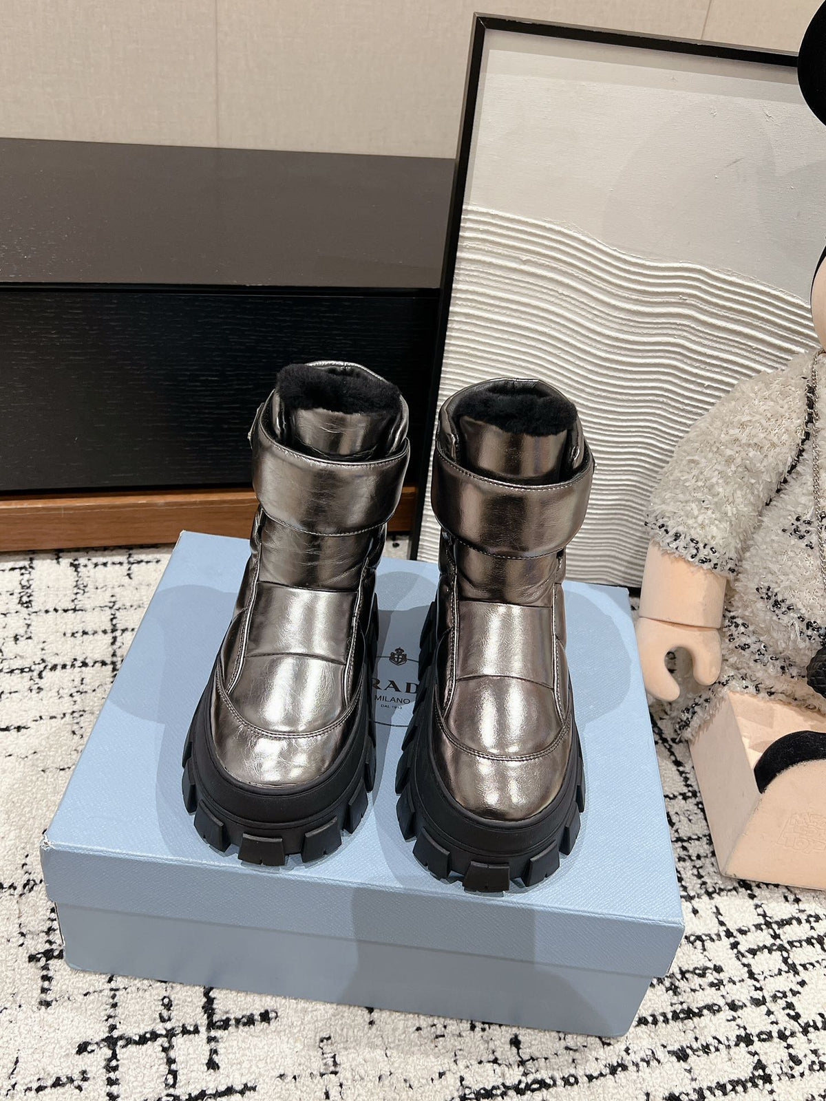 PRADA MONOLITH ANKLE BOOTS WITH STRAP IN METALLIC GRAY CALFSKIN AND FLEECE LINING