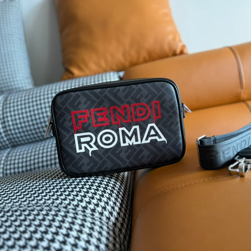 FENDI CLUTCH 22 WITH FF MOTIF IN DARK GRAY TEXTURED FABRIC AND BLACK LAMBSKIN TRIM