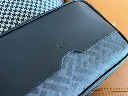 FENDI CLUTCH 22 WITH FF MOTIF IN DARK GRAY TEXTURED FABRIC AND BLACK LAMBSKIN TRIM