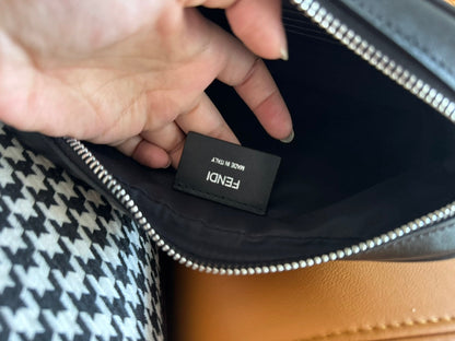 FENDI CLUTCH 22 WITH FF MOTIF IN DARK GRAY TEXTURED FABRIC AND BLACK LAMBSKIN TRIM