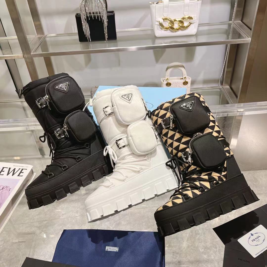 PRADA RE-NYLON SKI BOOTS BLACK AND BEIGE ATTACHED POUCH
