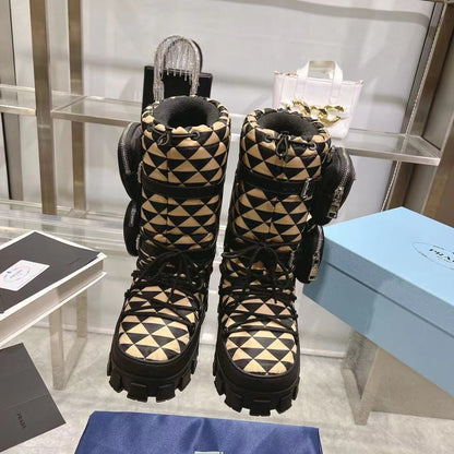 PRADA RE-NYLON SKI BOOTS BLACK AND BEIGE ATTACHED POUCH