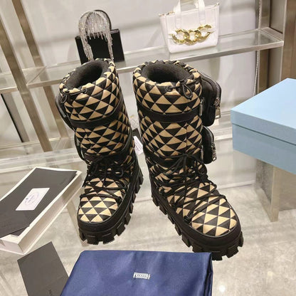 PRADA RE-NYLON SKI BOOTS BLACK AND BEIGE ATTACHED POUCH