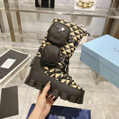 PRADA RE-NYLON SKI BOOTS BLACK AND BEIGE ATTACHED POUCH