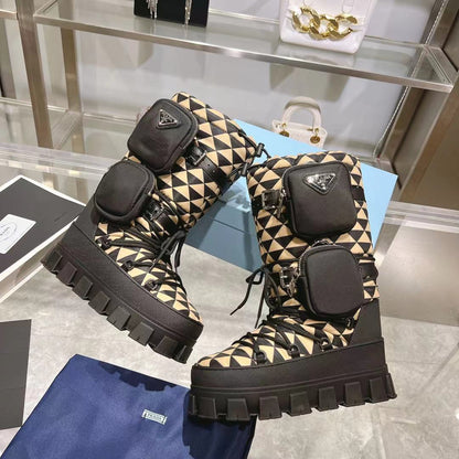 PRADA RE-NYLON SKI BOOTS BLACK AND BEIGE ATTACHED POUCH
