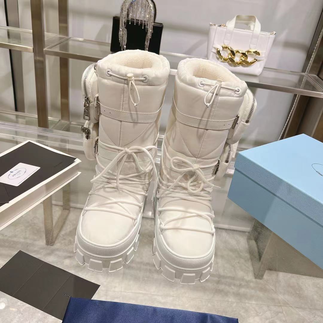 PRADA RE-NYLON SKI BOOTS WHITE ATTACHED POUCH