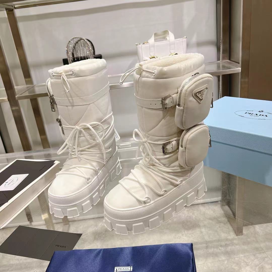 PRADA RE-NYLON SKI BOOTS WHITE ATTACHED POUCH