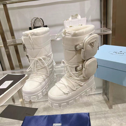 PRADA RE-NYLON SKI BOOTS WHITE ATTACHED POUCH