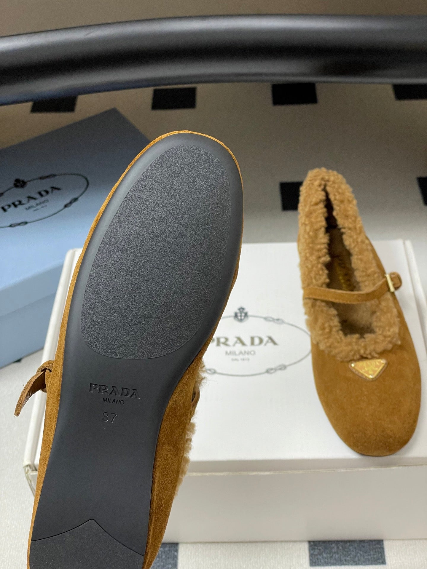 PRADA 25S MARY JANE FLATS IN RK WALNUT BROWN SUEDE WITH GOLD HARDWARE