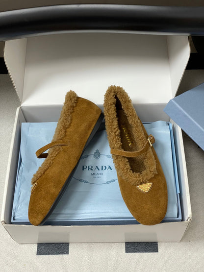 PRADA 25S MARY JANE FLATS IN RK WALNUT BROWN SUEDE WITH GOLD HARDWARE