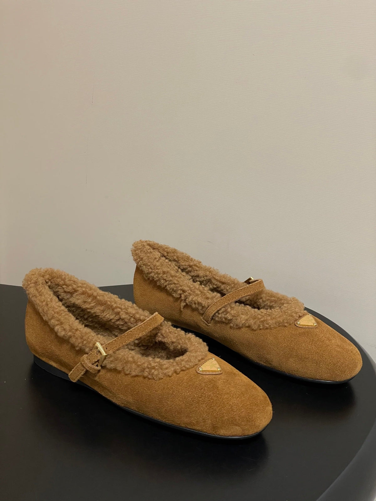 PRADA 25S MARY JANE FLATS IN RK WALNUT BROWN SUEDE WITH GOLD HARDWARE