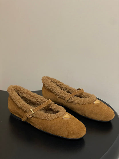 PRADA 25S MARY JANE FLATS IN RK WALNUT BROWN SUEDE WITH GOLD HARDWARE