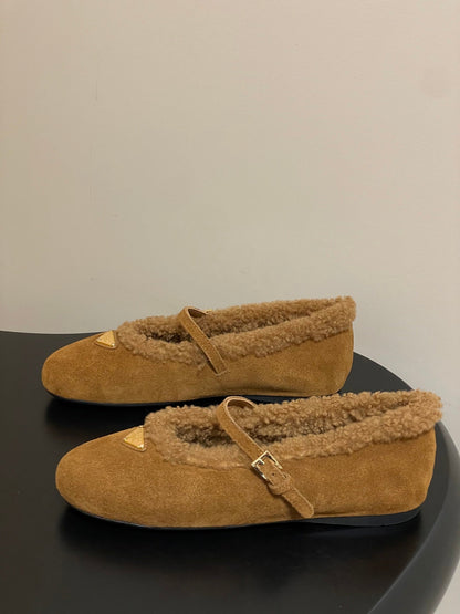 PRADA 25S MARY JANE FLATS IN RK WALNUT BROWN SUEDE WITH GOLD HARDWARE