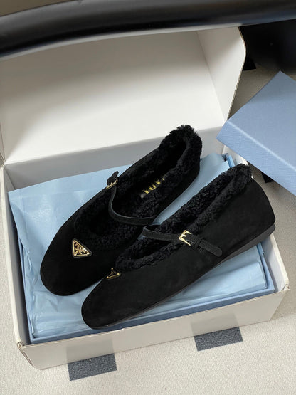 PRADA 25S MARY JANE FLATS IN BLACK SUEDE WITH GOLD HARDWARE