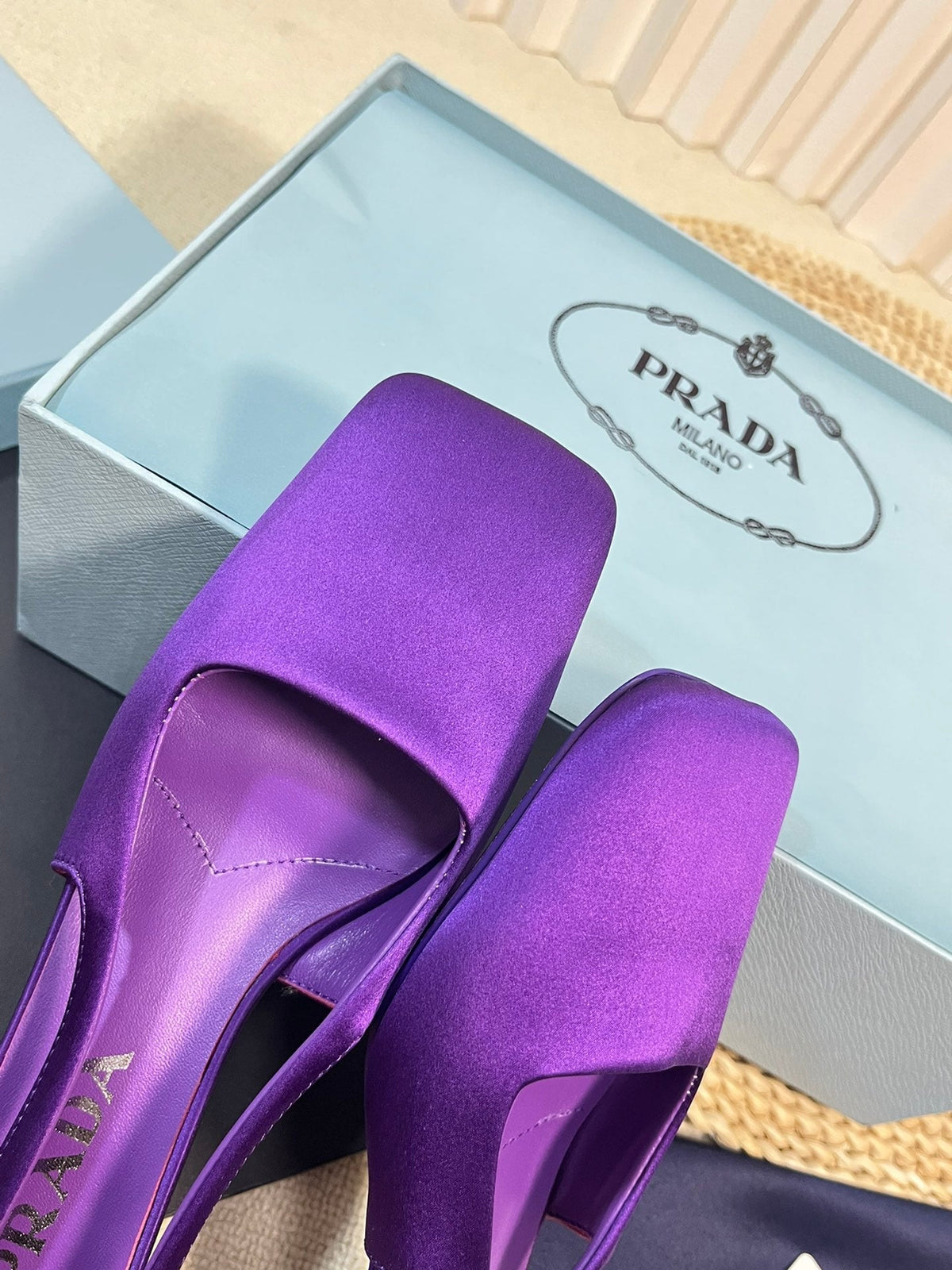 PRADA SQUARE TOE SLINGBACK PUMPS VIOLET SATIN