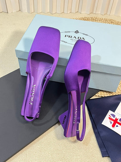 PRADA SQUARE TOE SLINGBACK PUMPS VIOLET SATIN