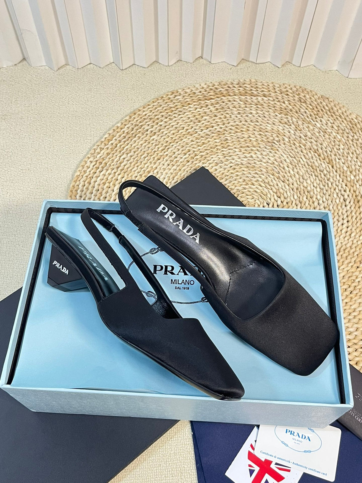 PRADA SQUARE TOE SLINGBACK PUMPS BLACK SATIN
