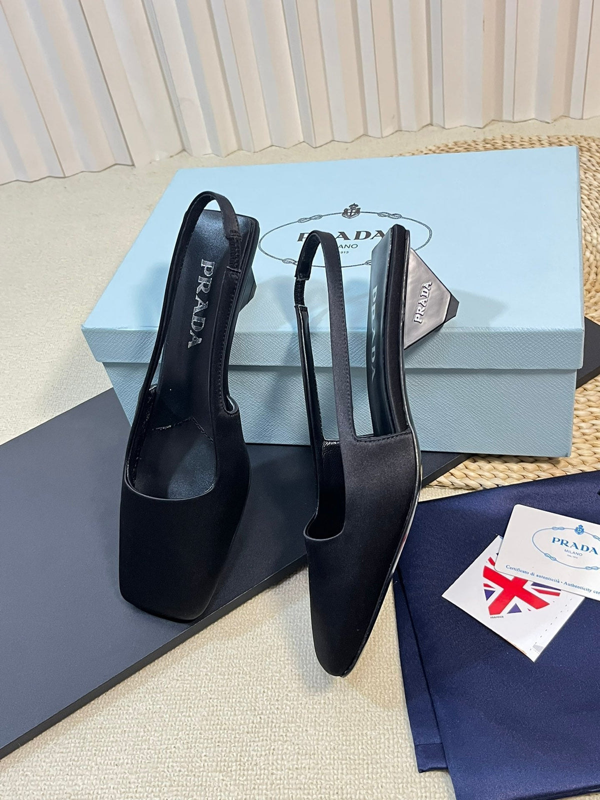 PRADA SQUARE TOE SLINGBACK PUMPS BLACK SATIN