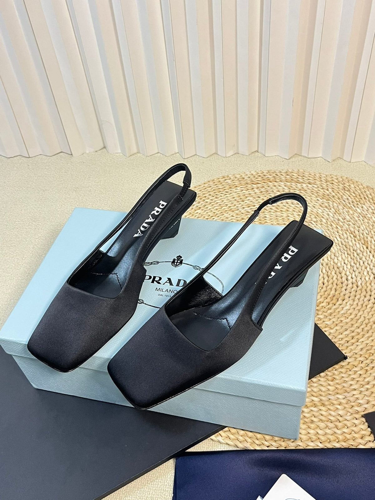 PRADA SQUARE TOE SLINGBACK PUMPS BLACK SATIN