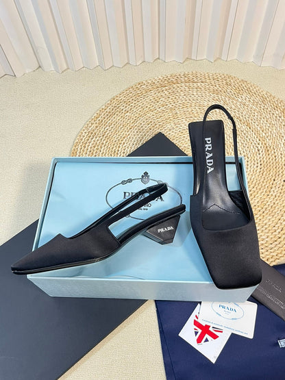 PRADA SQUARE TOE SLINGBACK PUMPS BLACK SATIN