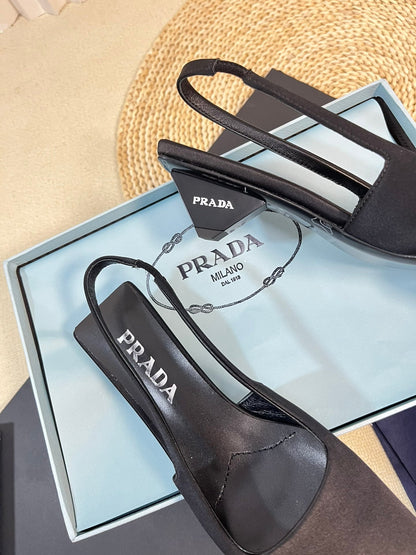 PRADA SQUARE TOE SLINGBACK PUMPS BLACK SATIN