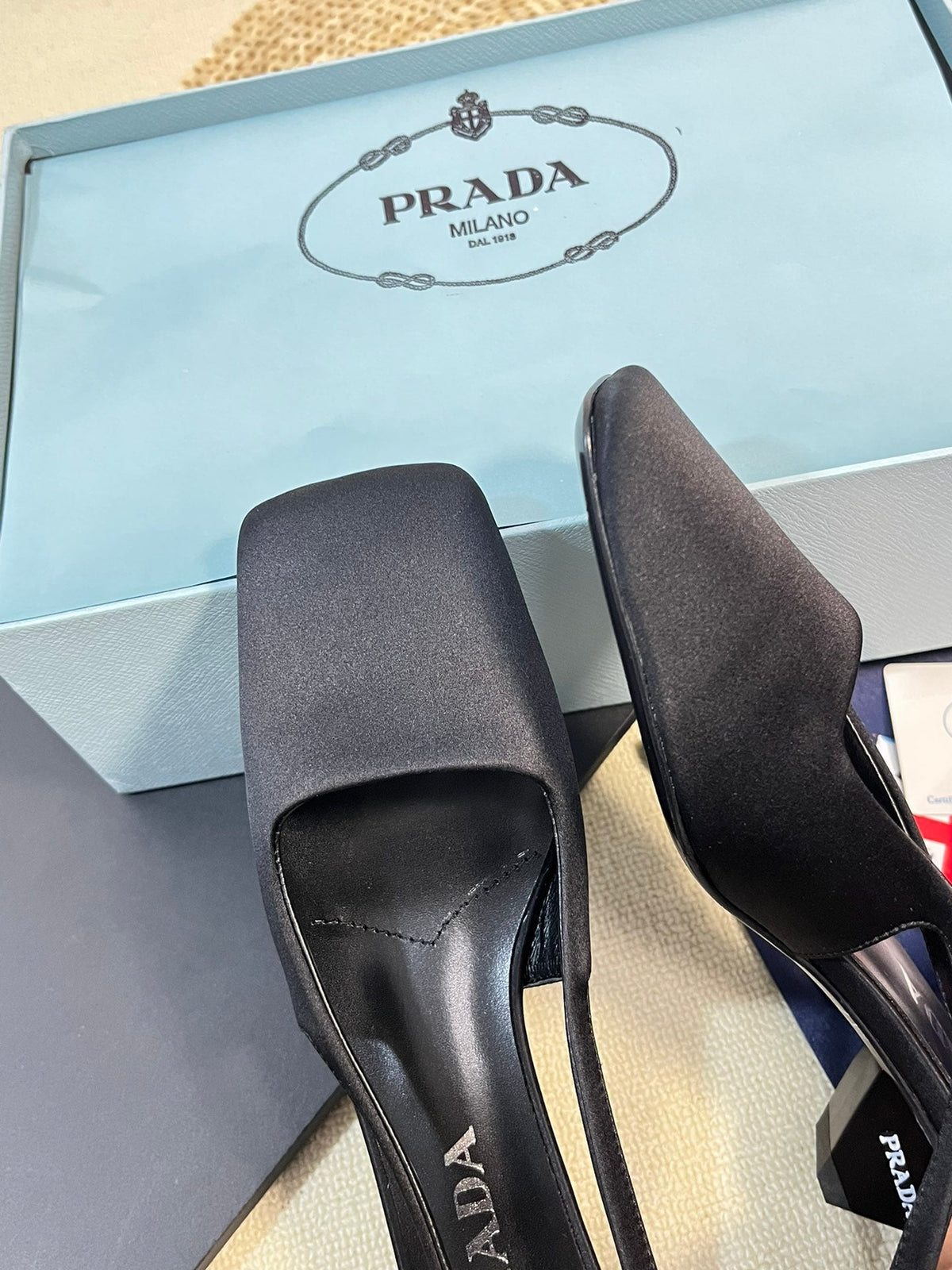 PRADA SQUARE TOE SLINGBACK PUMPS BLACK SATIN