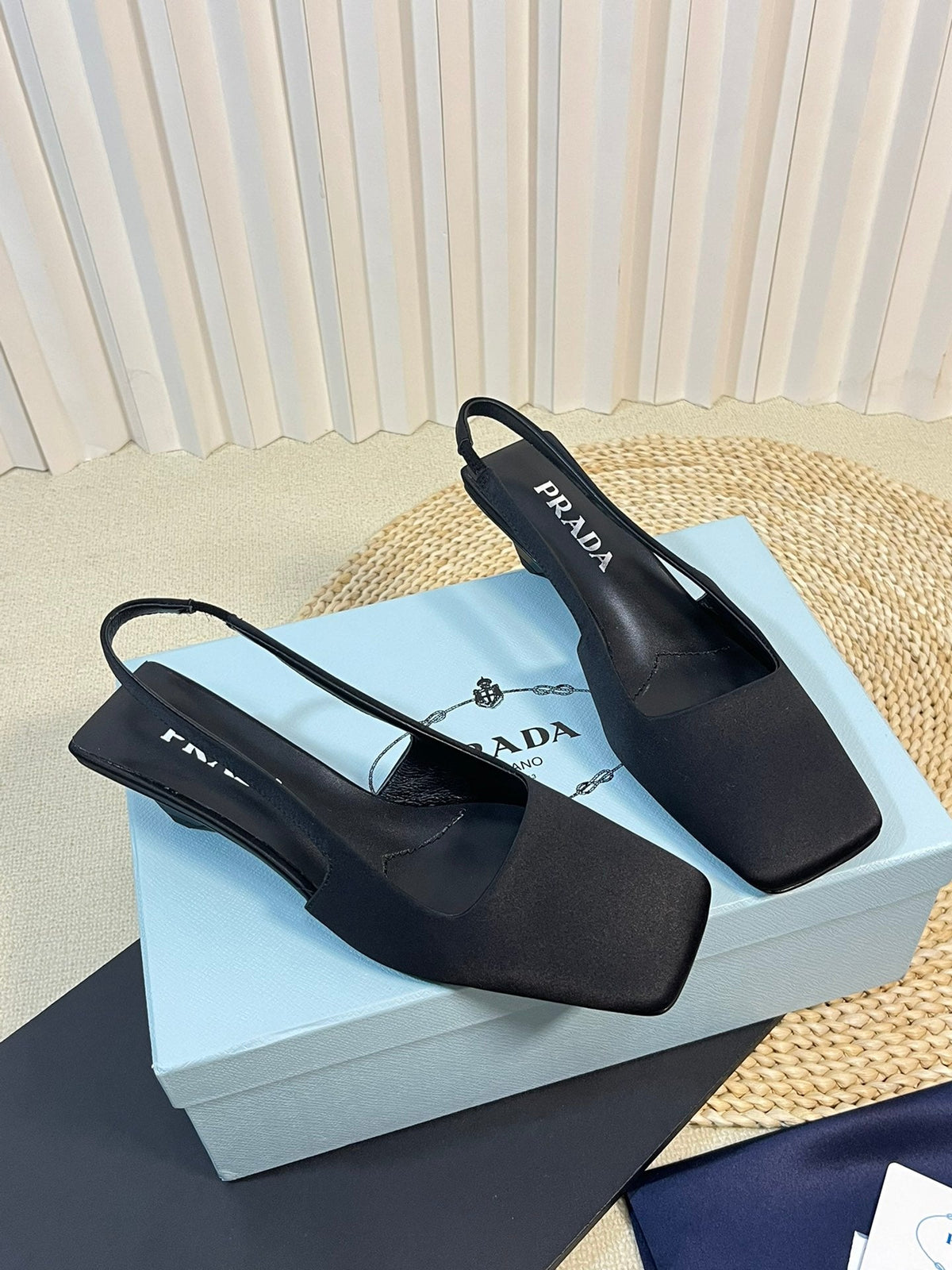 PRADA SQUARE TOE SLINGBACK PUMPS BLACK SATIN