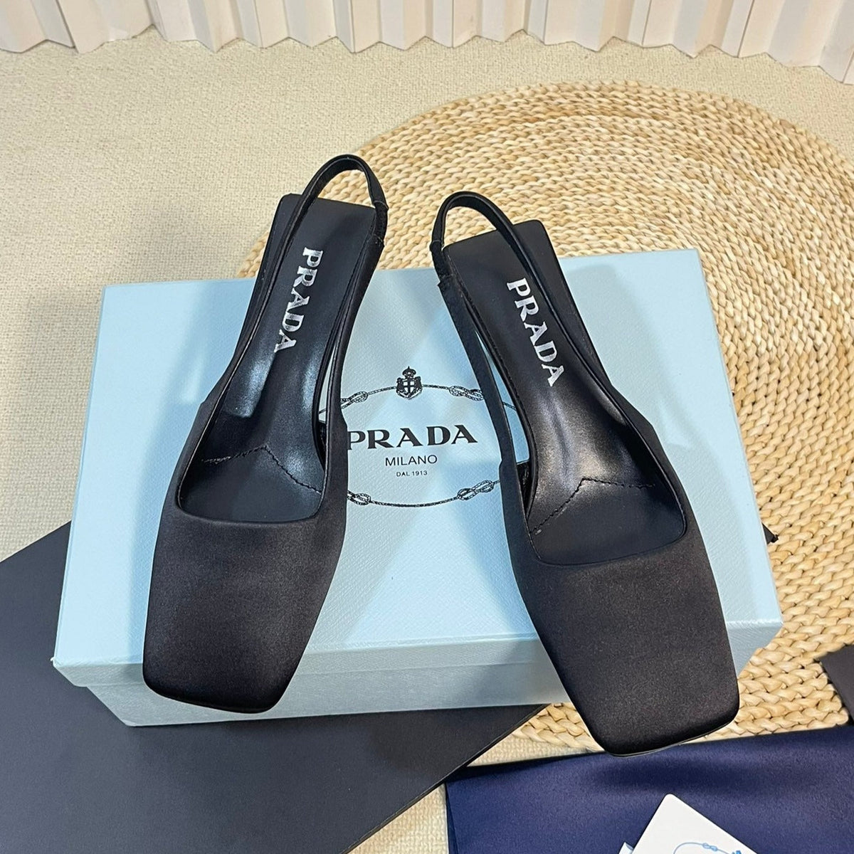 PRADA SQUARE TOE SLINGBACK PUMPS BLACK SATIN